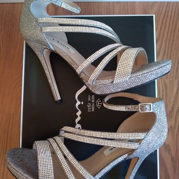 Nina Freyja Silver Strappy Metallic Rhinestone Stilleto Platform - Picture 2 of 10